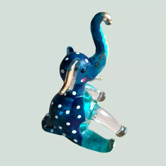 Elephant Miniature Figurine Blown Glass Paint Décor Wild Animal Blue White Gift