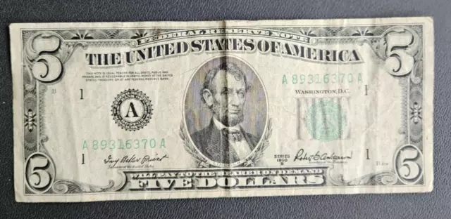 Amerique - America - American Note - Billet De 5 Dollars Series 1950 Lettre A.