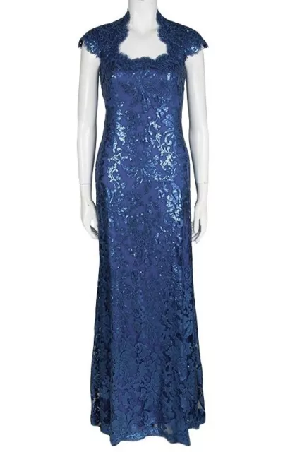 TADASHI SHOJI Navy Blue Sequined Lace Square Neck Gown, Size 4,NEW W/TAG 2