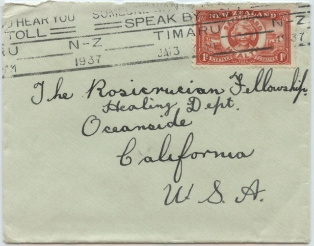 New Zealand 1937 Cover to USA w/Semi-Postal 1d+1d Solo, TIMARU Slogan