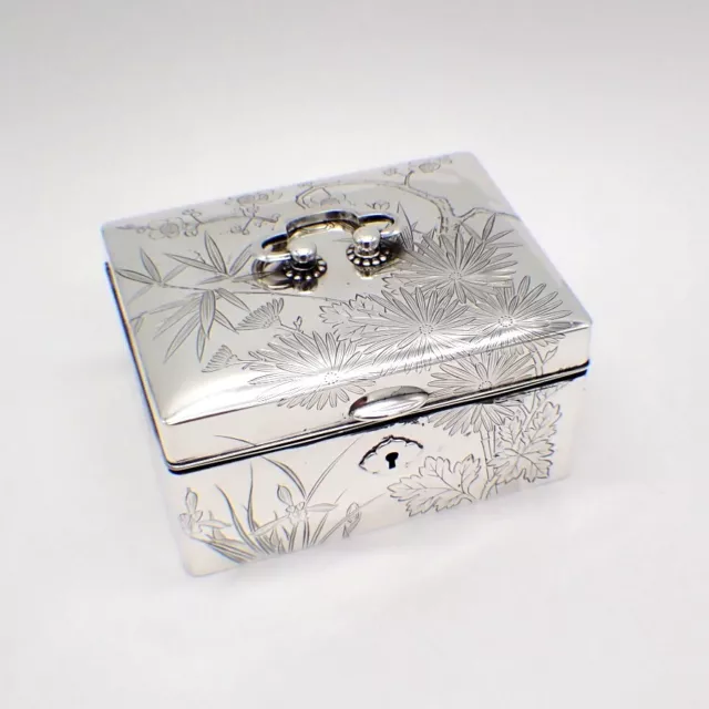 Japanese Jewelry Box Engraved Floral Sterling Silver Wooden Interior