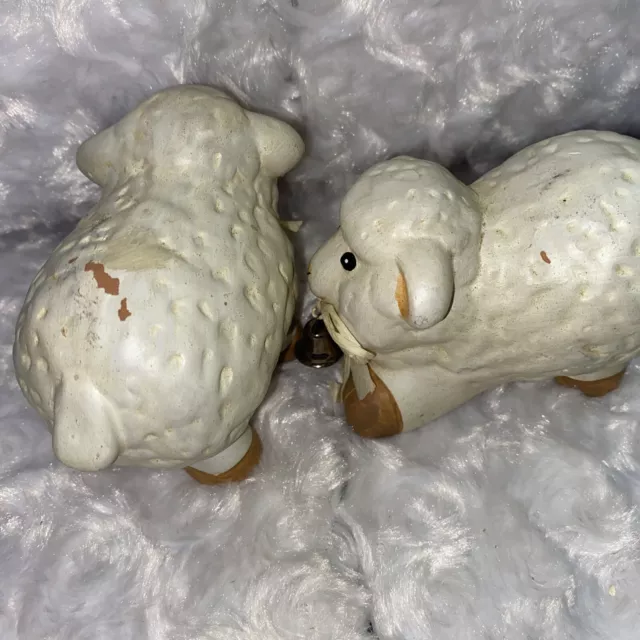 Vintage Hand Painted Ceramic Two Sheep Lamb Figurines 3” Has Minor Paint Loss 2