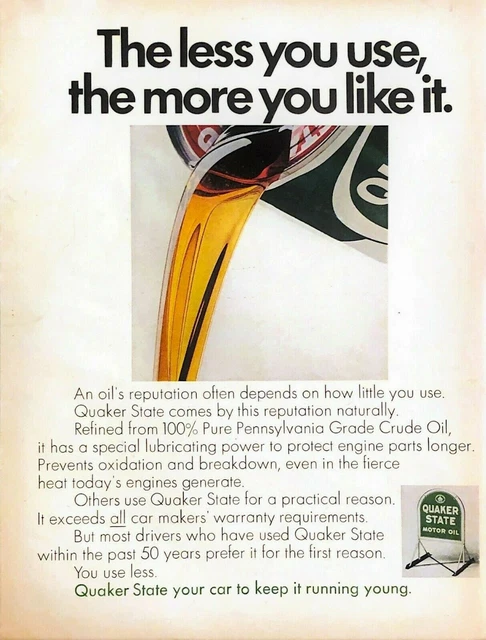 1968 Quaker State Motor Oil Vintage Print Ad The Less You Use The More You Like