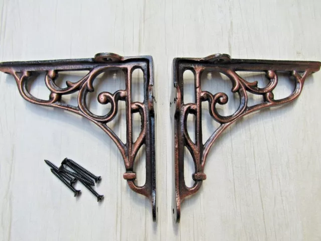 5" PAIR ANTIQUE COPPER VICTORIAN SCROLL cast iron ornate shelf support brackets