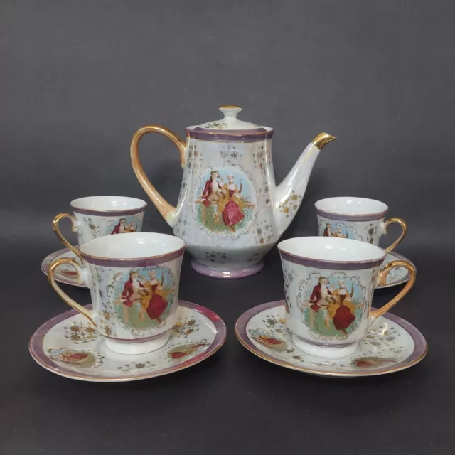 Vintage Porcelain Romeo and Juliet Set of 4 Cups with Saucers and Jug