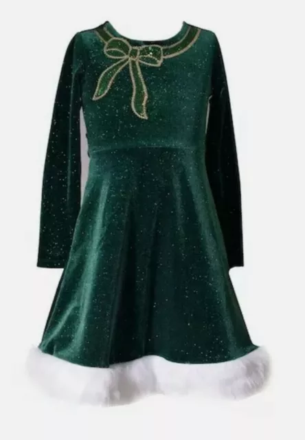Bonnie Jean Little Girls Sparkling Velvet Sequin Bow Faux Fur Santa Dress-6 NWOT