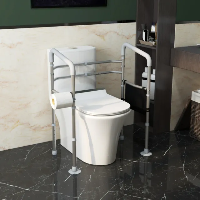 Height and Width Adjustable Toilet Frame Grab Bar with Rubber Tips Storage