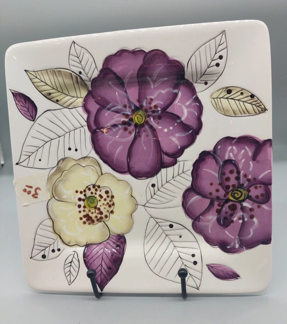 Pier One Imports Lily Salad Luncheon Plate 9” Square White Purple Cream Flowers