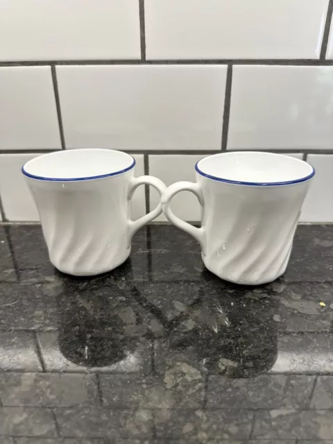 Set of 2~Corning® Blue Velvet Enhancement Coffee/ Tea Mugs/Cups~8oz~ Swirl White