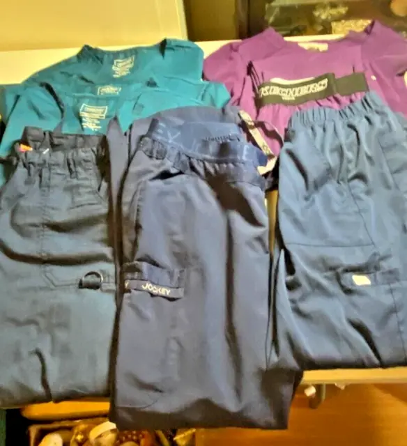Womens Lot of 9 Scrubs 4-Pants & 5-Tops Size Medium Purple,Teal,Blue