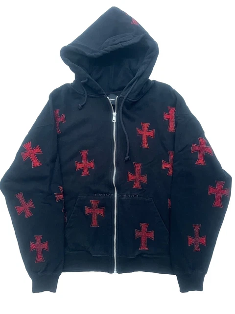 トップス Unknown London BLACKxRED RHINESTONE XL Unknown London | Rhinestone Cross Cotton Hoodie | Zip