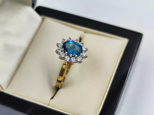 Beautiful 9ct Yellow Gold Ring Blue Topaz & Cz Size Q1/2  Hallmarked