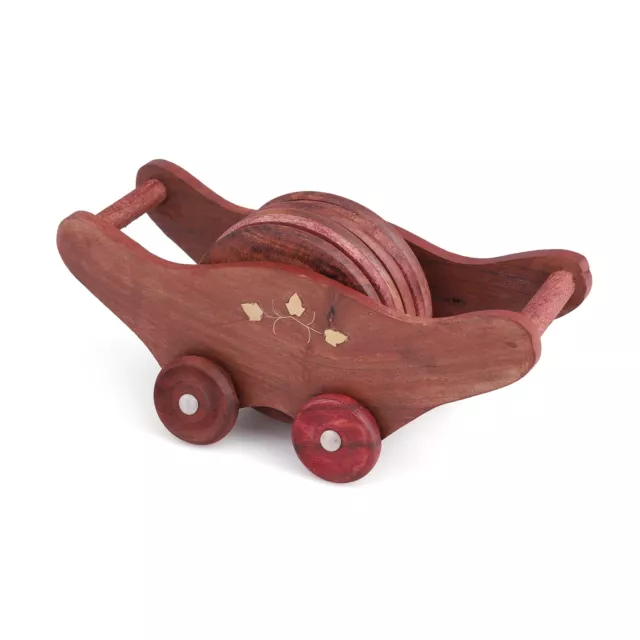 Wooden Trolly Shape Coasters Set with 6 Coaster Plate| Brass Embedded Design