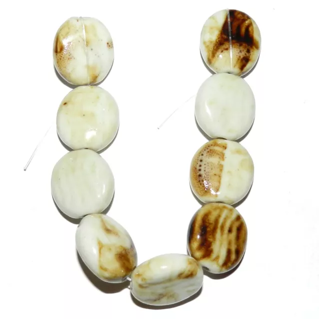 CPC222 Brown & White Glazed 22mm Porcelain Puffed Flat Textured Round Beads 8"