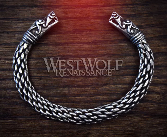 Large Silver Viking Dragon Bracelet/Torc -- Norse/Medieval/Serpent/Pewter/Bangle