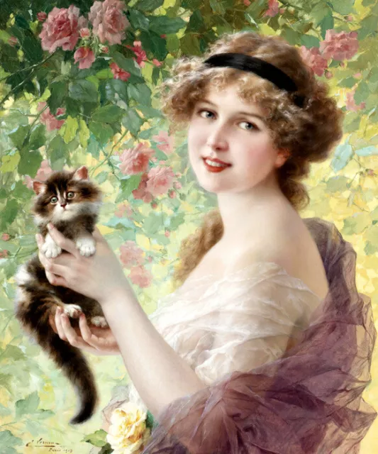 Beautiful Young Lady With Kitten Cat Fashion Painting By Emile Vernon Repro