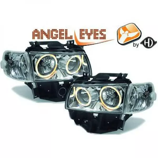 Scheinwerfer Set Passend für VW T4 97-03 Klarglas/Chrom Angel Eyes