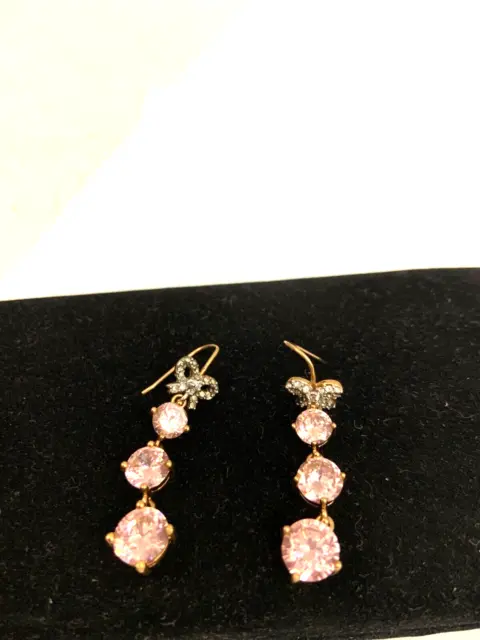 Juicy Couture Gold Tone Rhinestone Chain Drop Earrings with Bow + Pink Crystal