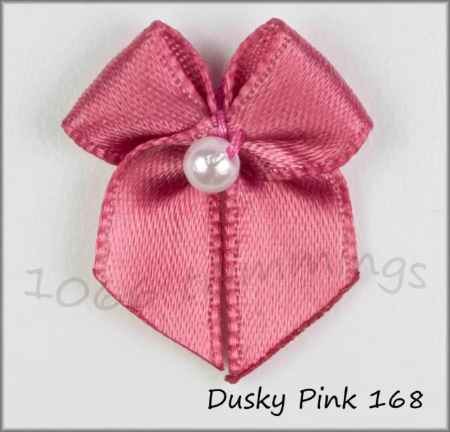 Satin Ribbon Bows With Pearl Bead Choice of  22 Colours Packet Sizes 15,50 & 100 3
