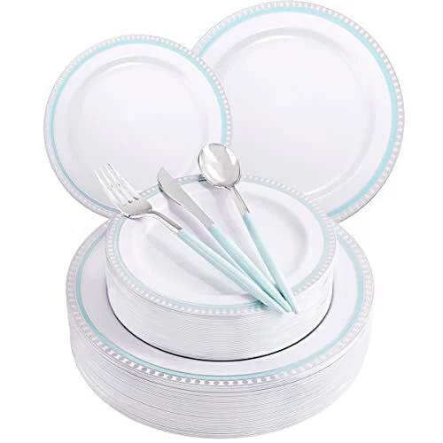COLOSUS 125pcs Disposable Blue Plastic Plates Silver Plastic Silverware .Ligh...