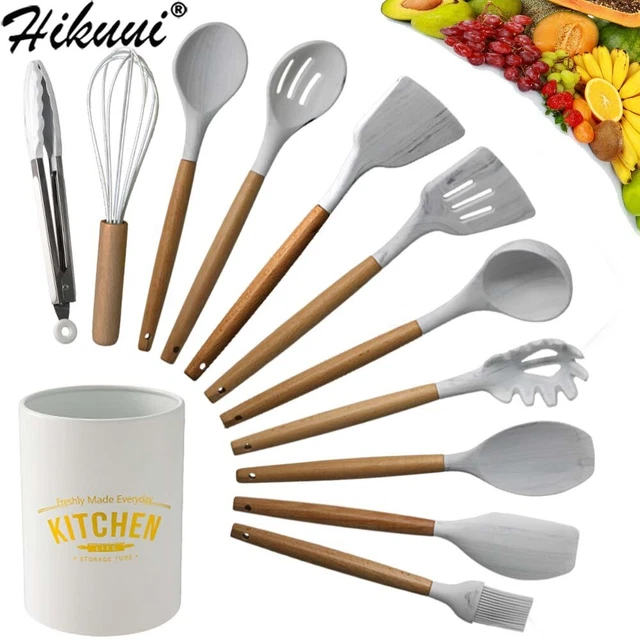 Juego de 11 herramientas de cocina de silicona mango de madera con cesta de almacenamiento lindo NUEVO