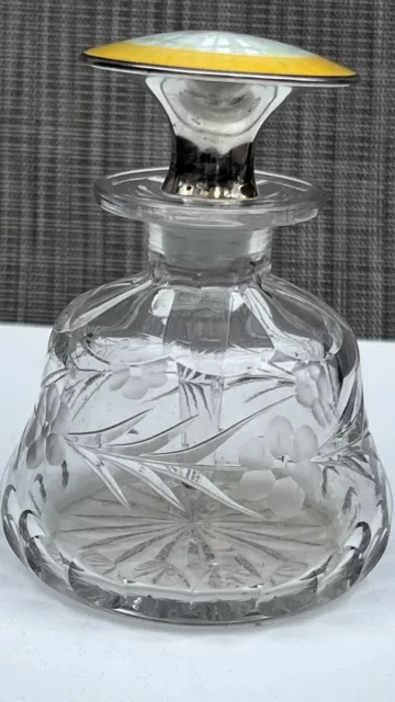 Vintage Cut & Etched Perfume Bottle with Sterling & Guilloched Enamel Stopper