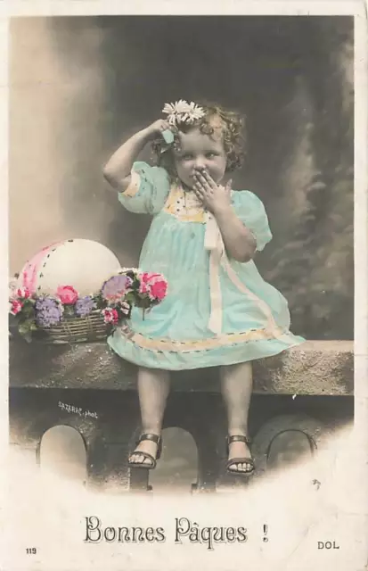 c1910 Fantasy Seated Girl Large Egg Flowers Hand Tinted Easter P62 C