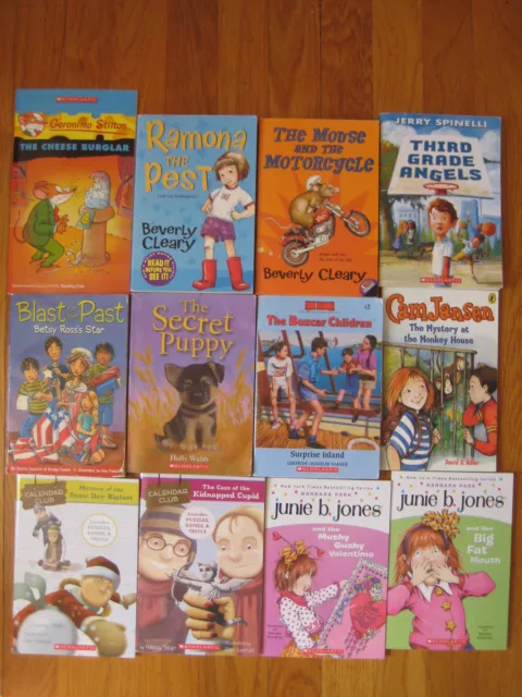 énorme lot de 12 LIVRES POUR ENFANTS Beverly Cleary Junie B Jones Cam Jansen wagon box pour enfants