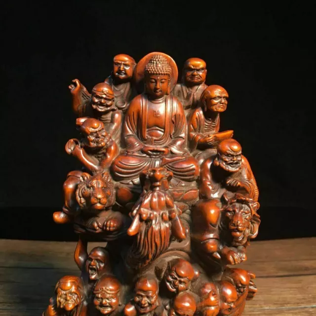 big rare Chinese old boxwood hand carved 18 arhat buddhas statue figure 3