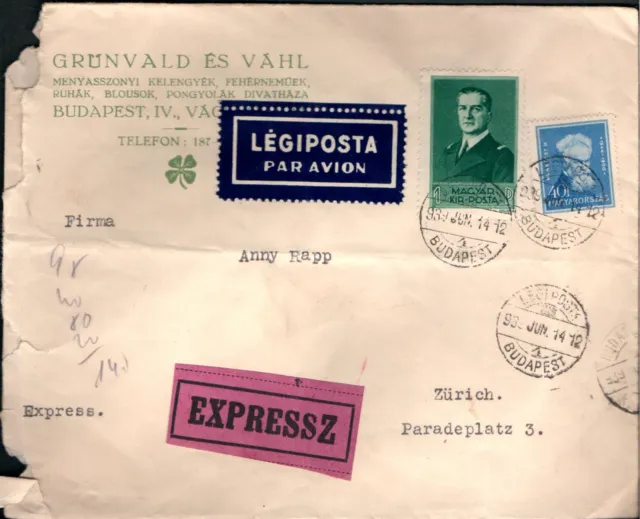UNGARN Brief Luftpost Express Budapest nach Zürich