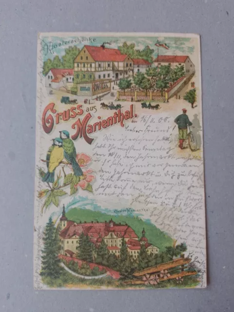 Litho AK GRUSS AUS MARIENTHAL mit Klosterschänke Bahnpost ~1900 ~Oberlausitz