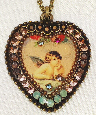 Michal Negrin Heart Necklace Cherub Angel Crystals Pendant Renaissance Victorian
