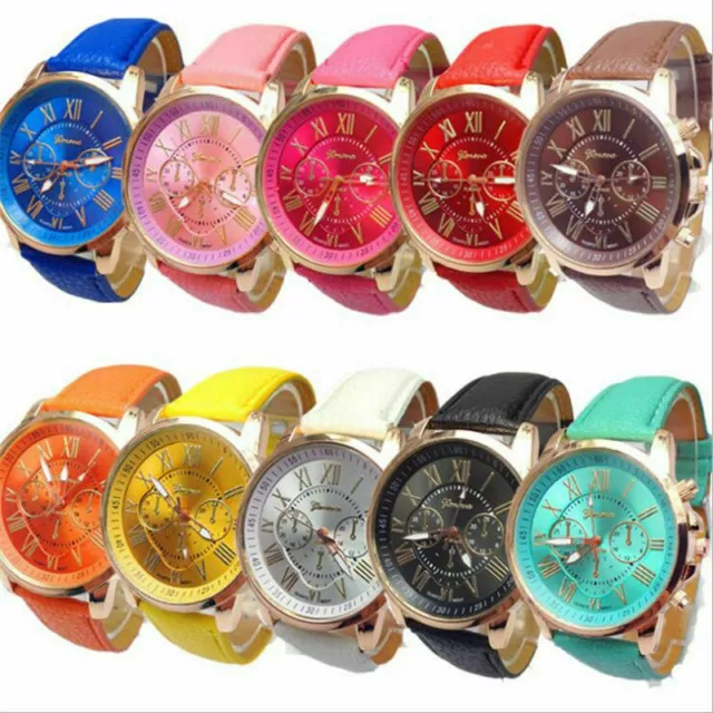 New Geneva Women Faux Leather Band Stainless Steel Quartz Analog Wrist Watch