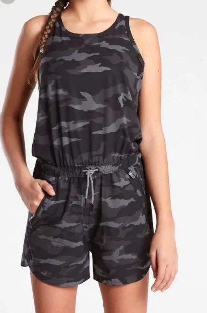 Athleta Girl On The Go Romper Girls Size M 8-10 Black Gray Camouflage Sleeveless