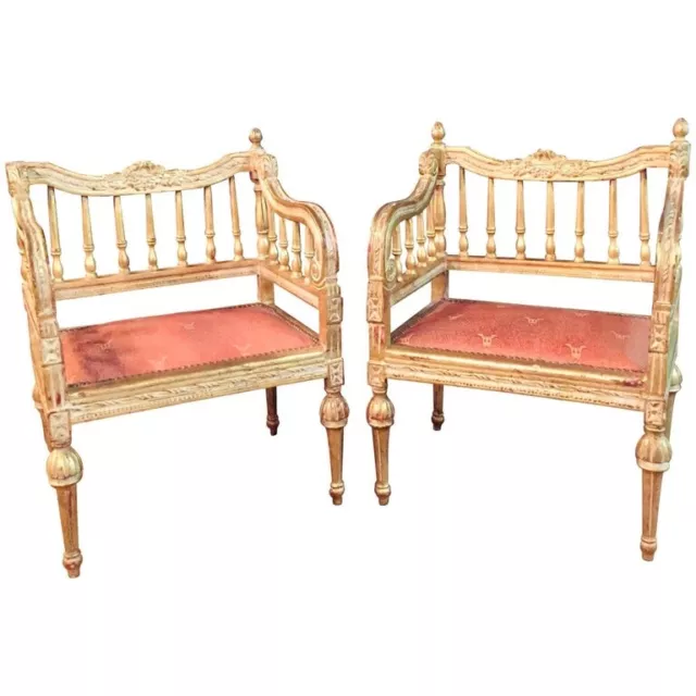 Q' Two Slightly Smaller Antique Beech Louis Seize Style Armchairs, Gold Plated