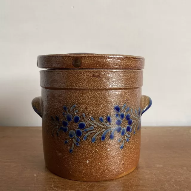 Portuguese Salt-glazed Ceramic Jar Brown & Blue Handmade Studio Pottery Portugal