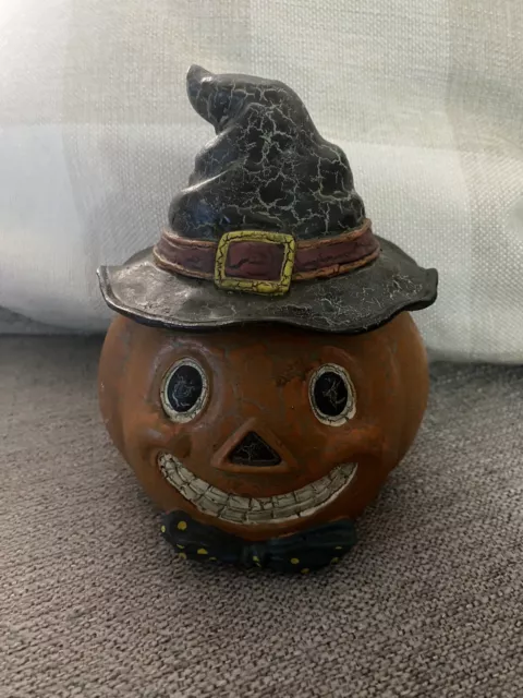 VTG Crackle Paint Halloween Witch Pumpkin W/ Old Style Jack O Lantern Style Face