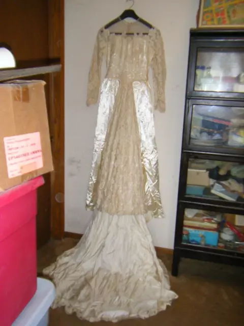 Vtg 1940'S 50'S Ivory Satin & Lace Wedding Dress Gown W/Train
