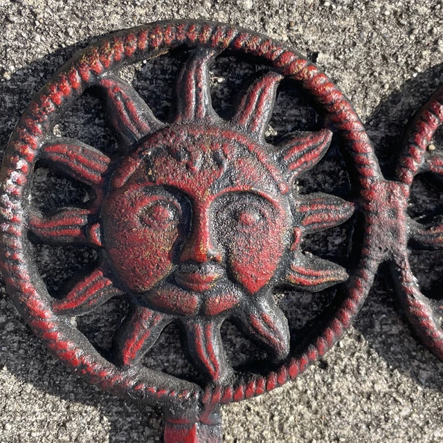Red Wrought Iron Cast SUN CELESTIAL Double Hook Coat Wall Rack Vintage❤️blt7j1 6