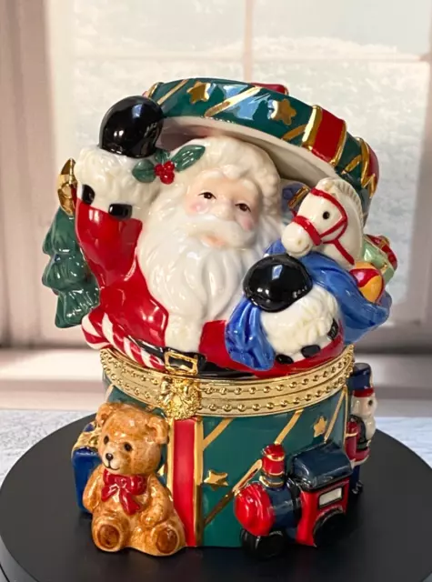 Santa Claus Porcelain Hinged Trinket Box with Drum, Toys , Gold Trim