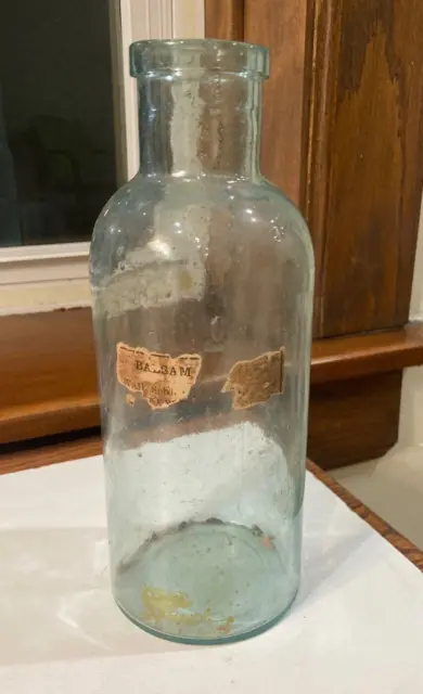 Old Aqua Pharmacy Bottle w Original Label "Balsam" 9 1/4" Tall