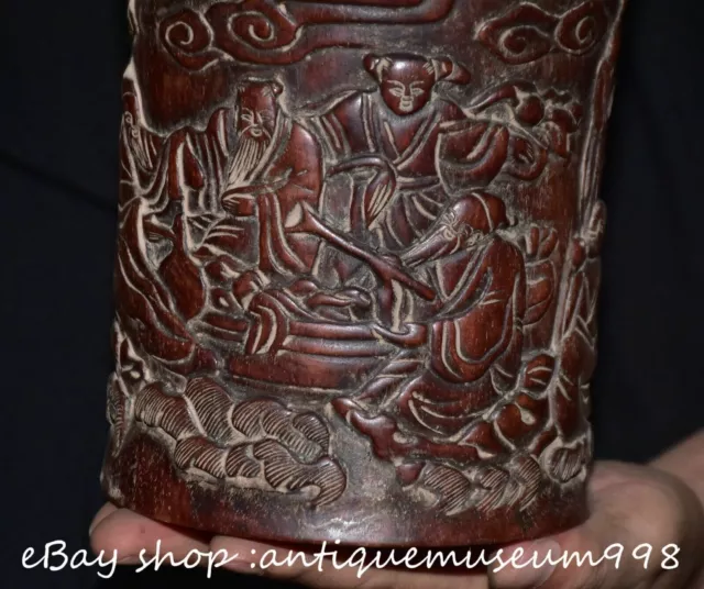 6.2" Old Chinese Huanghuali wood Carved Dynasty Figure Brush pot Pen container 3