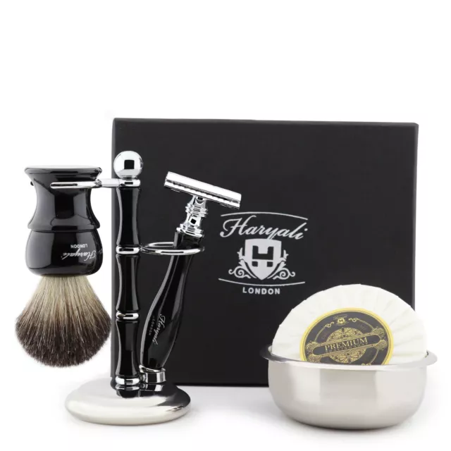 Men's Shaving Set with DE Safety Razor, Black Badger Hair Brush, stand and Soap