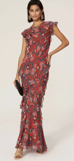 Saloni Tamara Ruffle Red Floral Print Silk Maxi Gown Dress Size 6