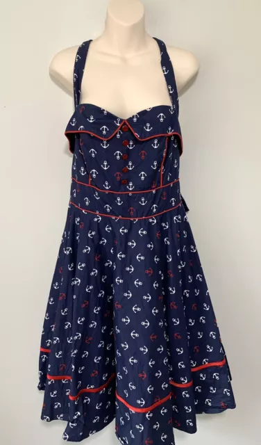 Nineteen 50 Anchor Print Dress Fit & Flare Rockabilly Pinup Retro Size UK18