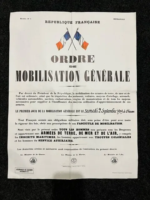 Affiche Republique Française ''Ordre de mobilisation générale''