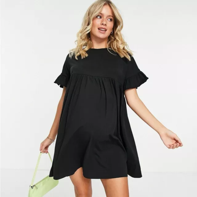 ASOS maternity Black Smock Dress Size 6 Frill sleeves NWT