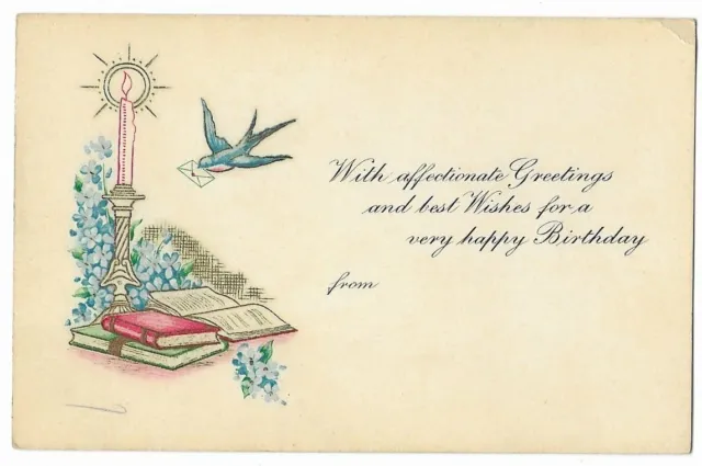 Vintage Birthday Greetings Postcard  - With Swallow Bird & Books
