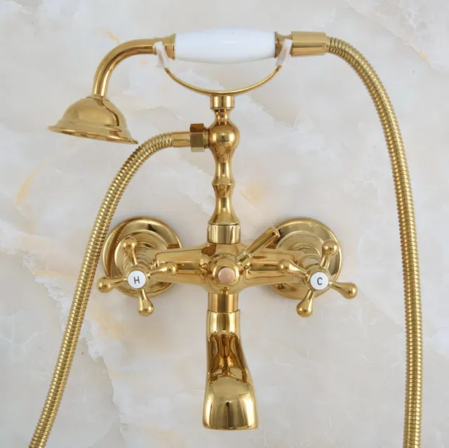 Wall Mount Claw-foot Bathtub Faucet Tub Filler Handheld Shower Gold Brass fna854