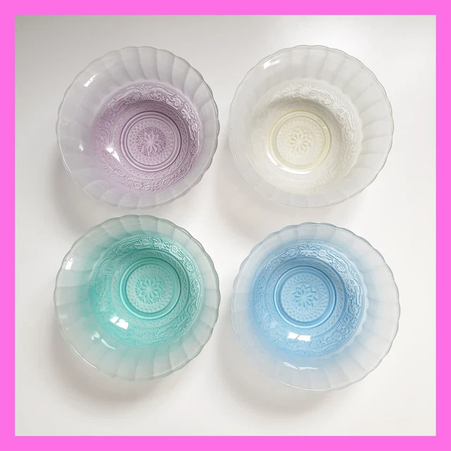 Frosted Depression Embossed Glass Berry Dessert Bowl Set of 4 Blue Purple Green